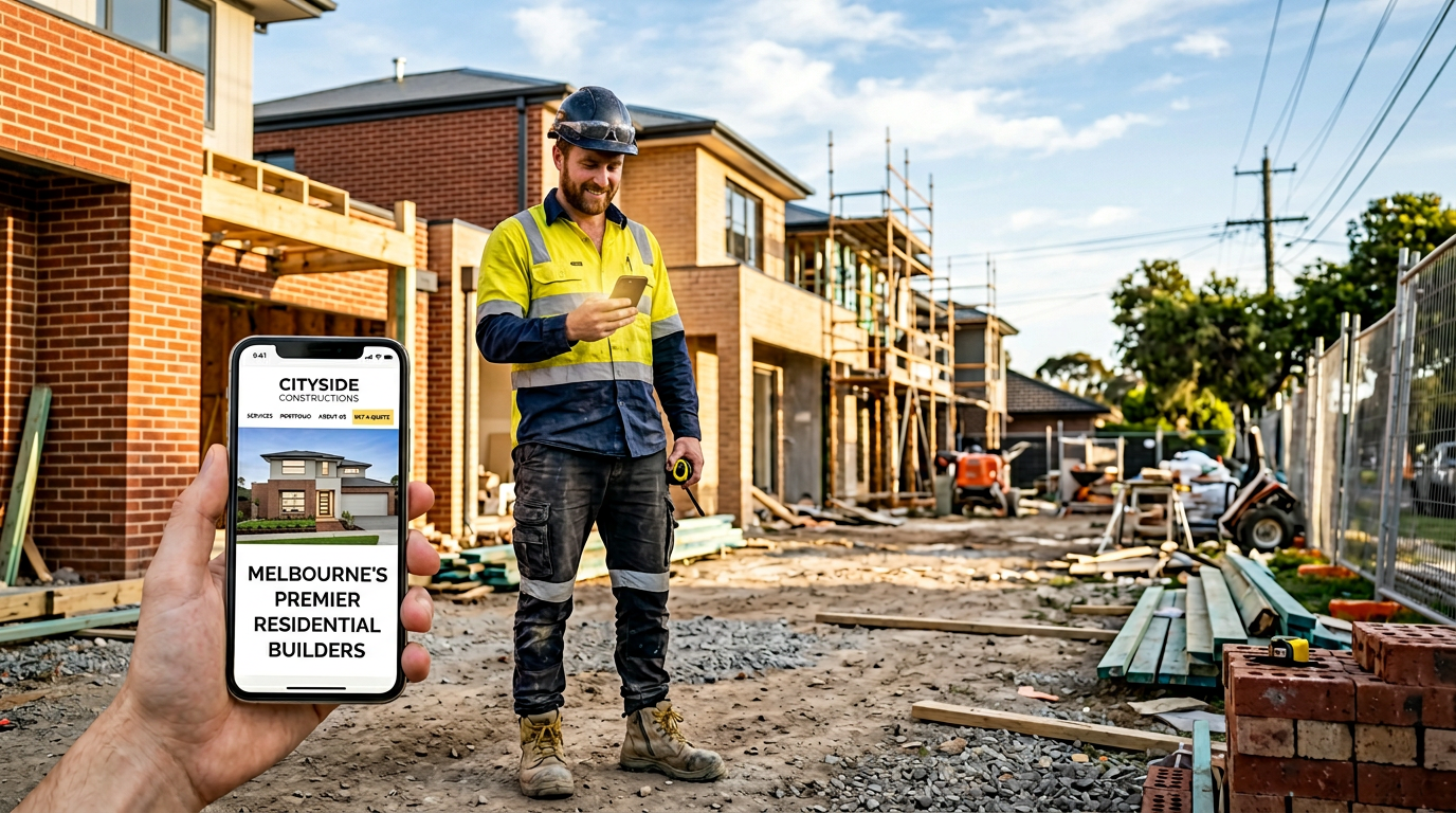 A tradie on a Melbourne construction site checking his professional business website on mobile