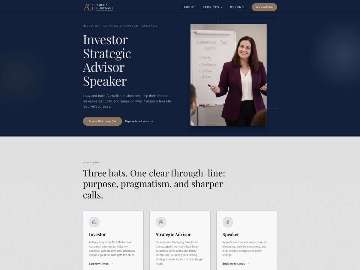 Amelia Ghofrany's rebuilt personal brand website, headlined Investor, Strategic Advisor, Speaker