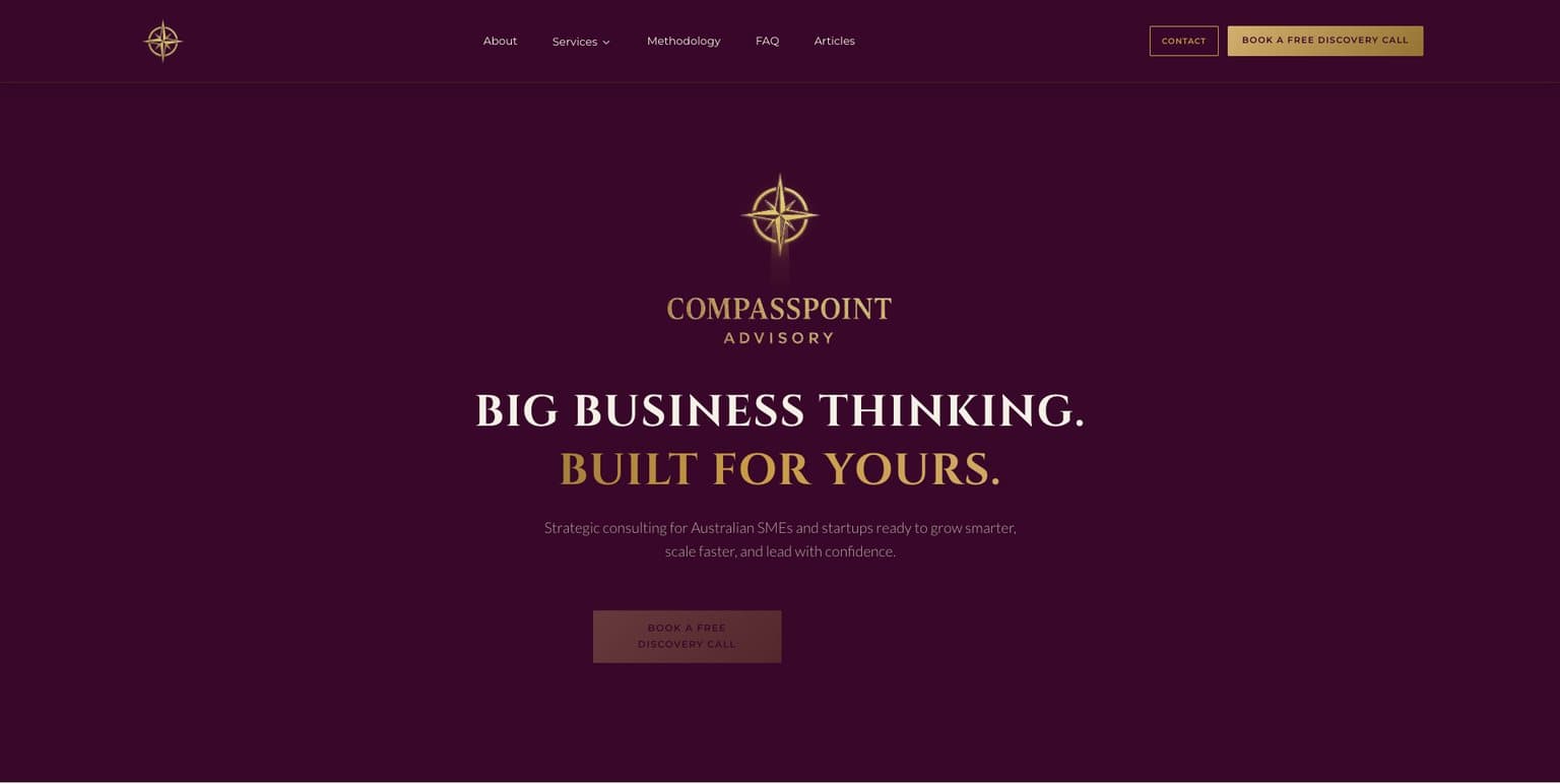 The CompassPoint Advisory website, headlined Big business thinking. Built for yours.