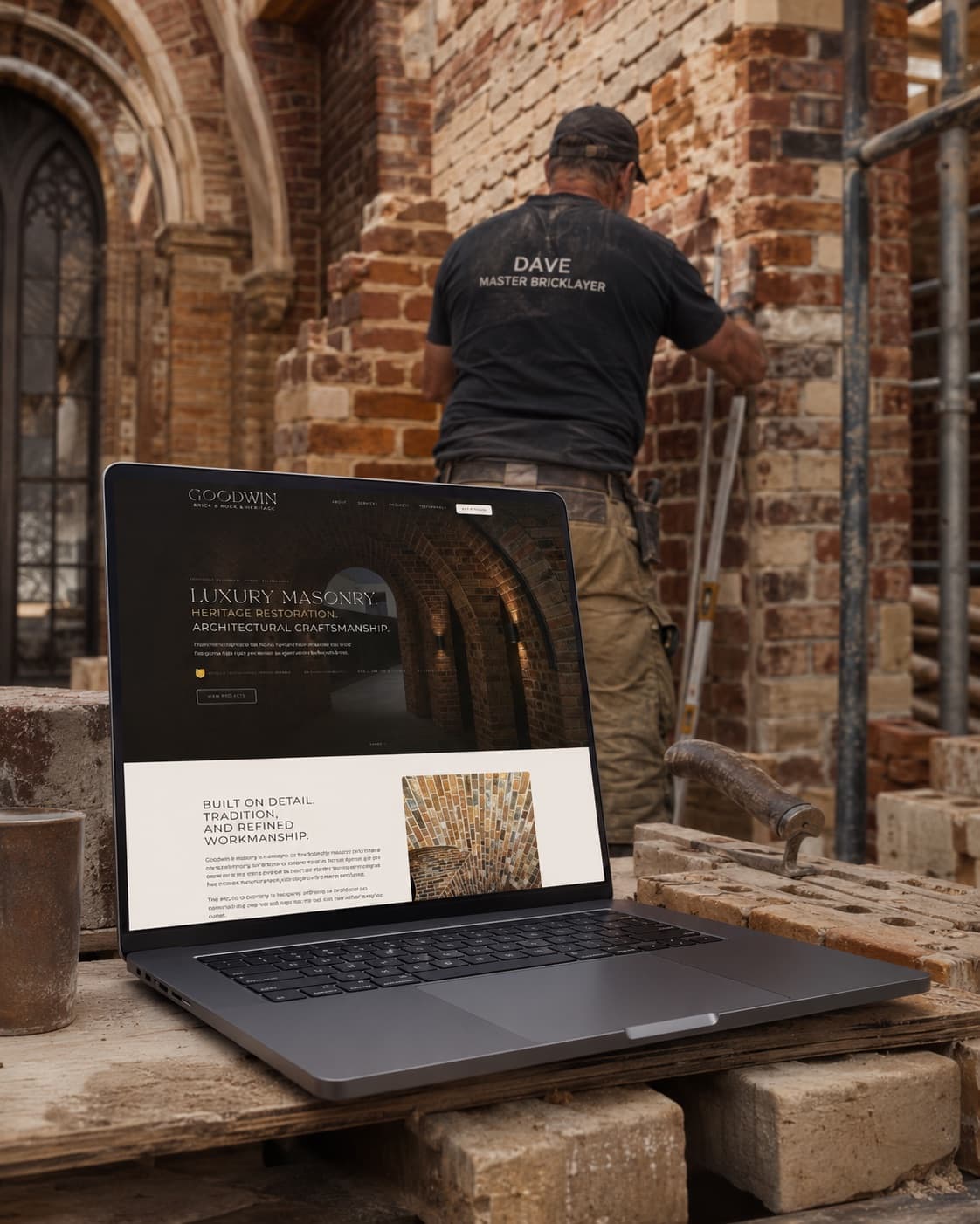 The new Goodwin Bricklaying website on a laptop at a heritage church restoration, with the bricklayer working in the background