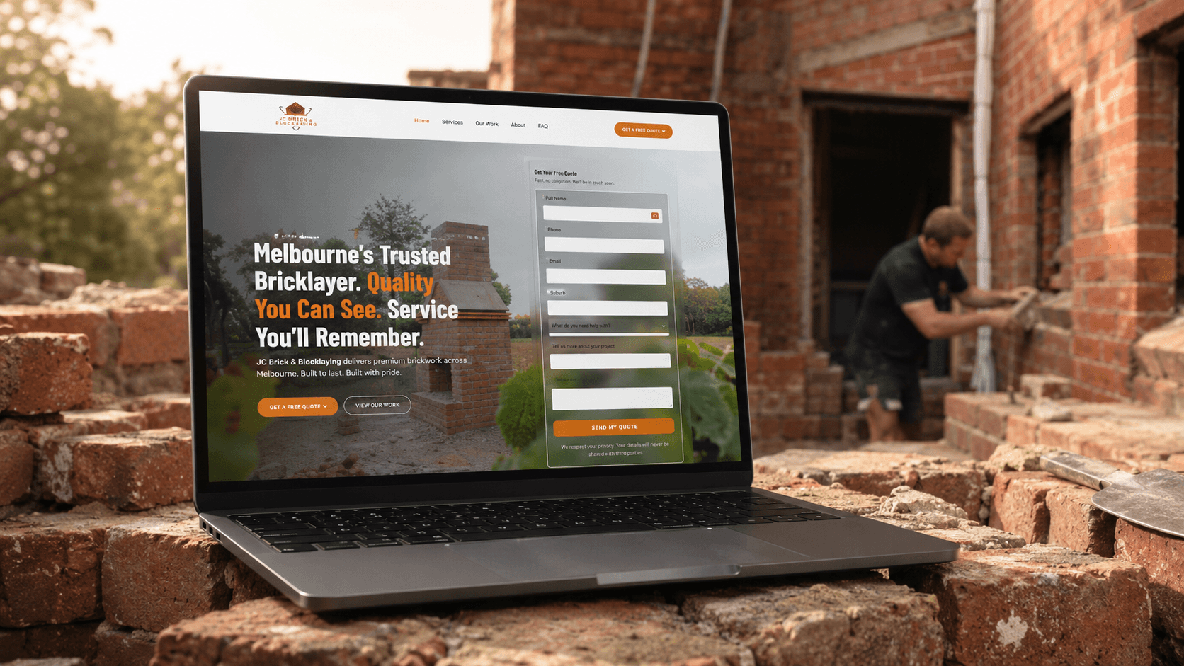 JC Brick and Blocklaying website on a laptop at a bricklaying site in Melbourne’s east