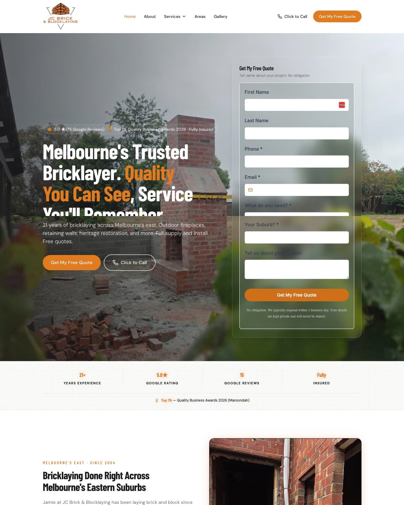 JC Brick and Blocklaying website homepage, Melbourne eastern suburbs bricklayer