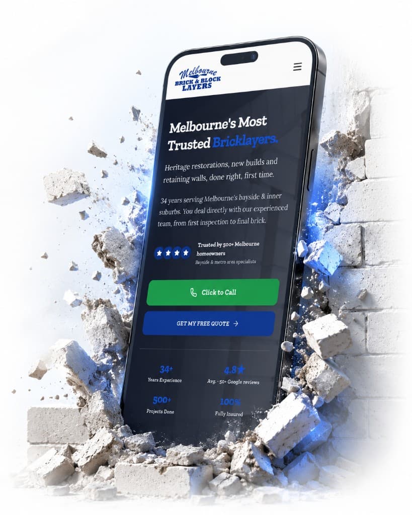 Melbourne Brick and Block website on a smartphone, bursting through a brick wall