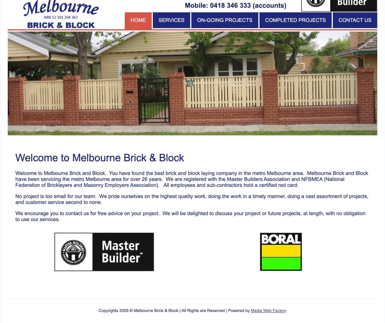 Old Melbourne Brick and Block homepage from 2009 (Wayback Machine capture)