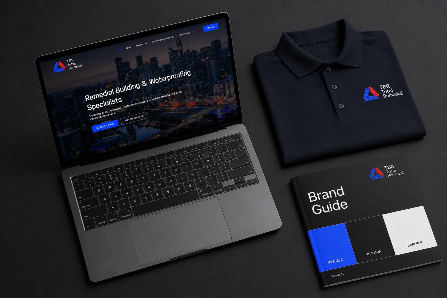 TBR Total Build Remedial brand identity — website on a laptop, branded polo shirt, and printed brand guide
