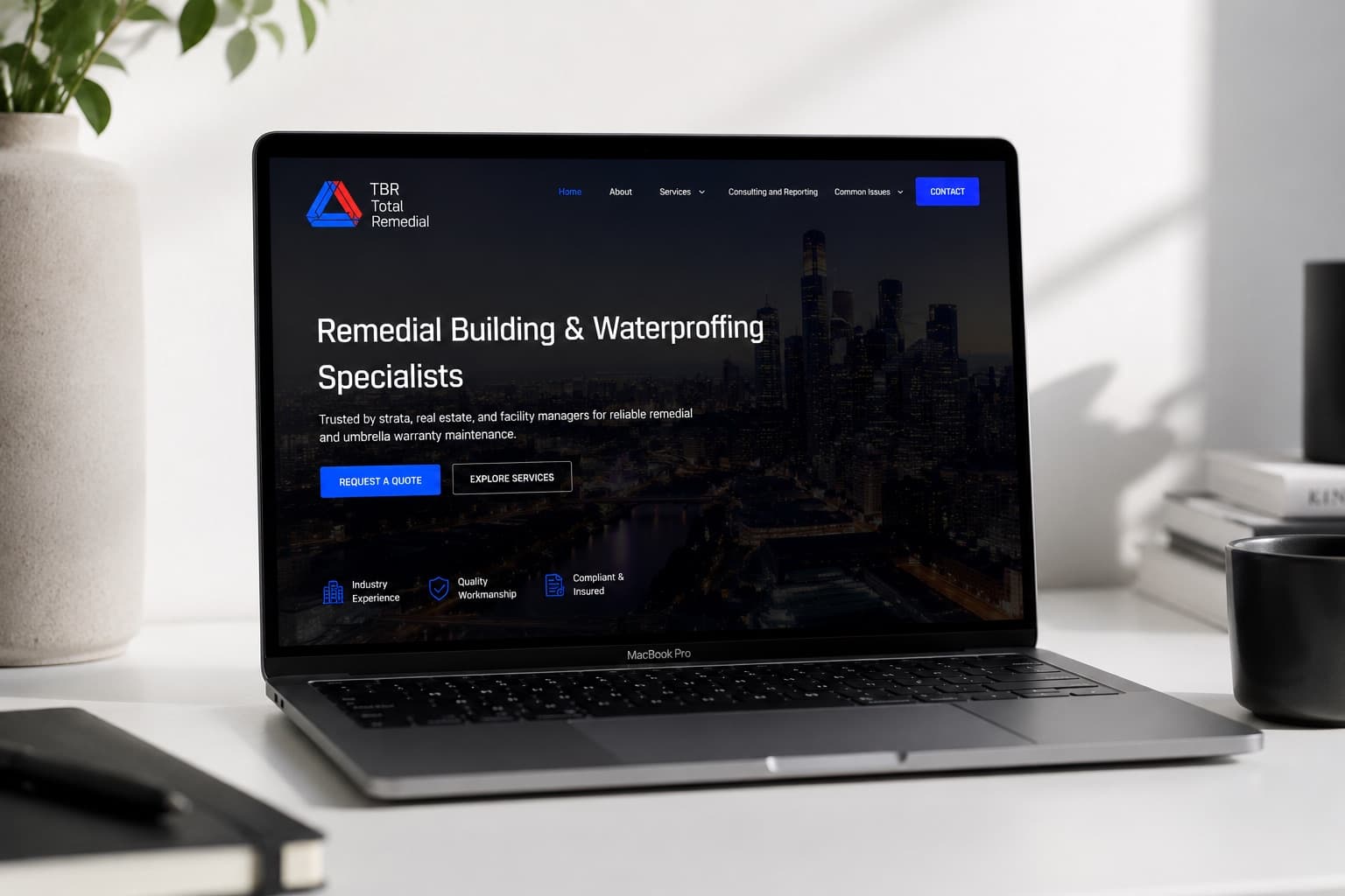 The finished TBR Services homepage open on a laptop, headlined Remedial Building and Waterproofing Specialists