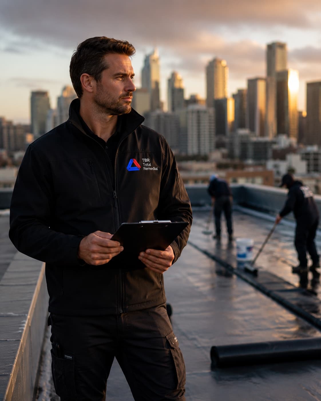 A TBR Total Build Remedial site supervisor in a branded jacket on a Melbourne rooftop, crew laying membrane behind